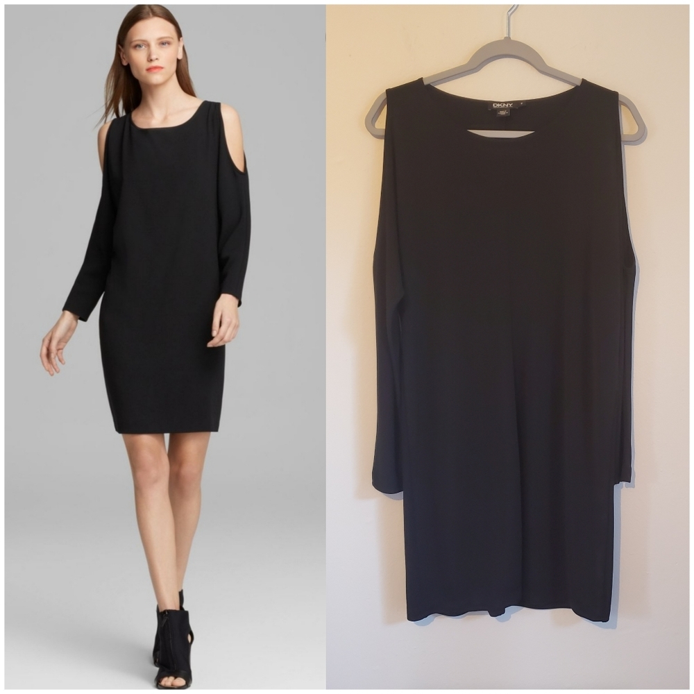 DKNY Black Long Sleeve Cold Shoulder Shift Dress